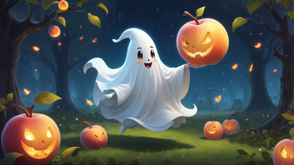 Fototapeta premium Cheerful Ghost with Halloween Pumpkins in Enchanted Forest