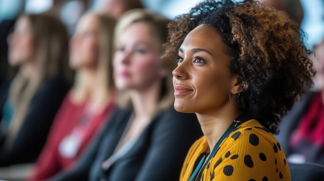 dynamic candid shot of diverse conference attendees engaged and listening attentively to a captivating speaker, highlighting knowledge exchange