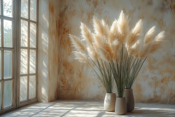 ethereal arrangement of neutraltoned pampas grass and reeds casting delicate shadows on textured wall bathed in soft sunlight for serene parisian ambiance