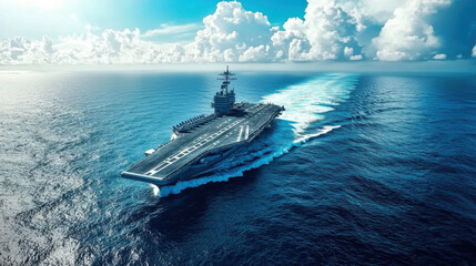 stunning aerial view of a modern aircraft carrier sailing through clear blue waters