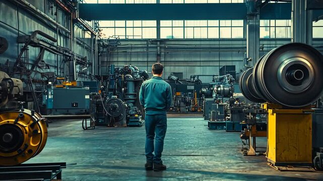 A lone worker walks through a large factory floor, surrounded by heavy machinery