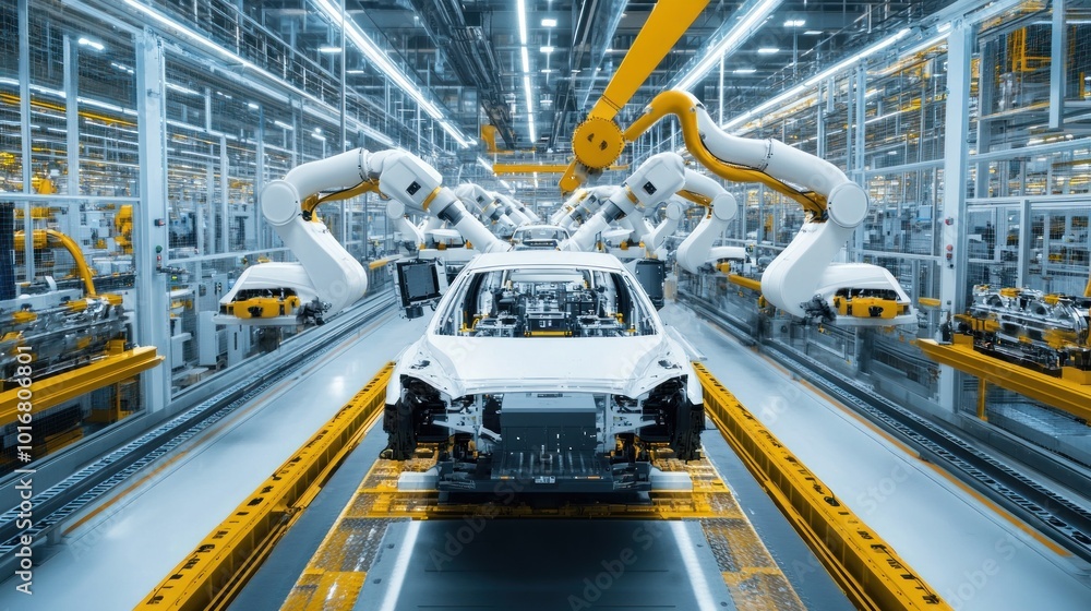 Aufkleber advanced factory with robotic hands car vehicle assembly process production background wallpaper ai 
