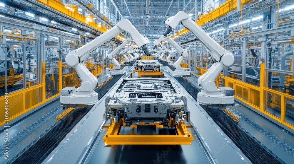 Aufkleber advanced factory with robotic hands car vehicle assembly process production background wallpaper ai 