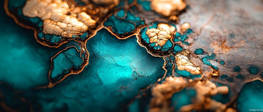  A detailed depiction of an artwork, with gold and teal hues dominantly used in this up-close representation