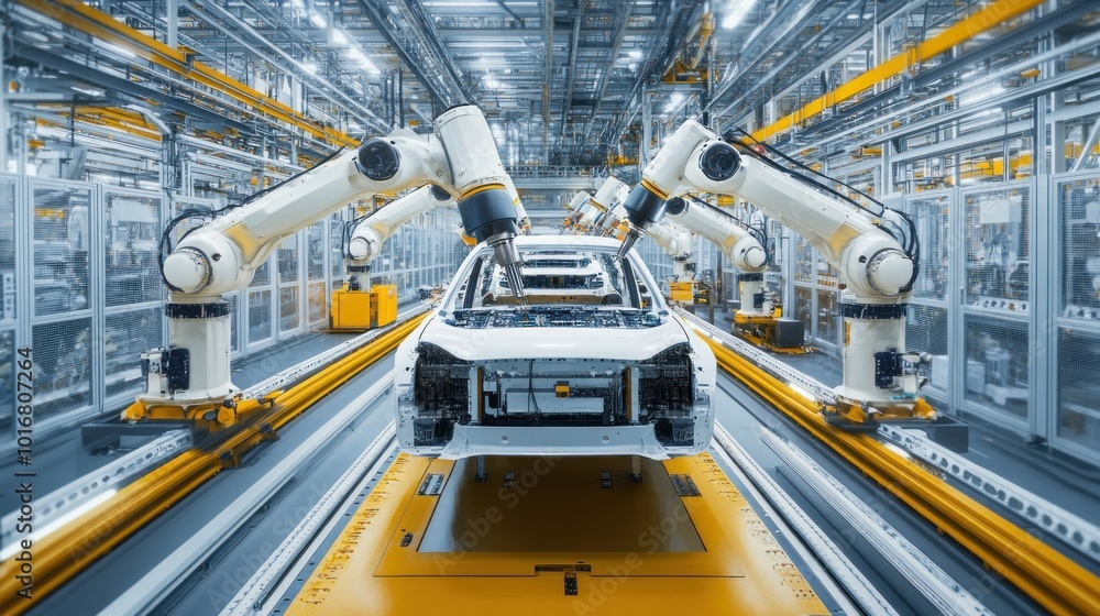 Aufkleber advanced factory with robotic hands car vehicle assembly process production background wallpaper ai 