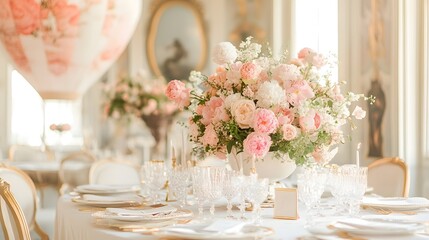Fototapeta premium Luxurious vintage inspired air balloon event featuring an elegant floral centerpiece on a formal table setting with gold accents and a timeless sophisticated aesthetic
