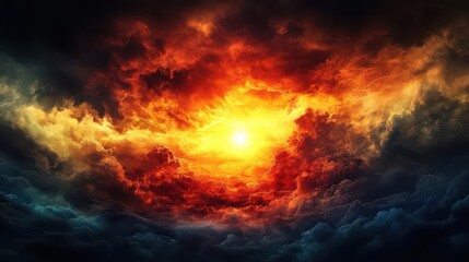 ethereal scene where heaven meets hell, with vibrant colors blending into a surreal cloudscape. a golden sun peeks through dark storm clouds, casting a mystical light
