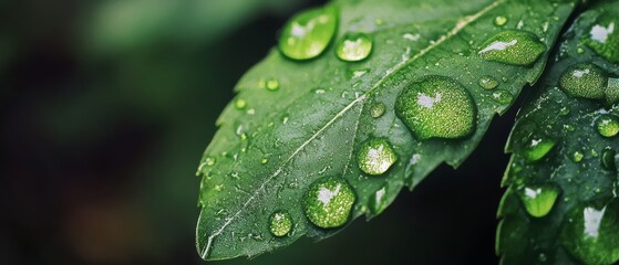  A tight shot of a green leaf, dotted with water droplets, against a softly blurred backdrop