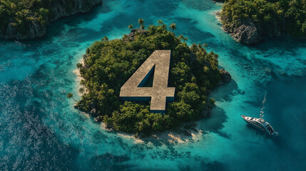 Aerial view of a tropical island with clear turquoise waters and the number four prominently displayed on the land, highlighting natural beauty