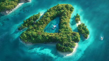 Unique island shaped like the number four surrounded by clear blue waters and vibrant greenery under sunny skies
