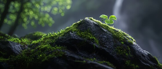  A small green plant atop a moss-covered rock, before a waterfall with a background of cascading water