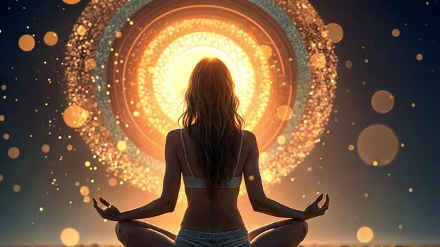 Woman meditating in the desert, surrounded by magical glowing particles, orbs and lights