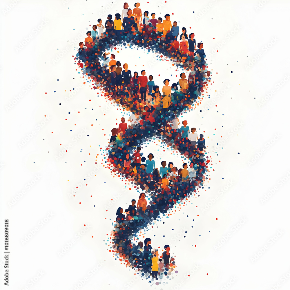 Poster unity in diversity, a vibrant gathering showcasing people from various backgrounds with a dna helix 