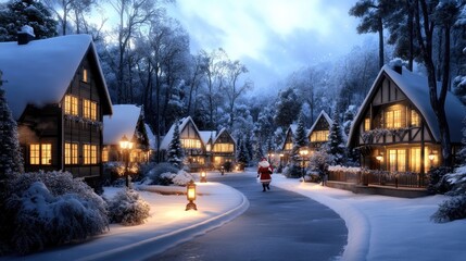 Fototapeta premium Santa Claus strolls happily through a snowy village, lantern and gifts in hand, amid snow-covered houses and festive lights, embracing the cheerful Christmas spirit