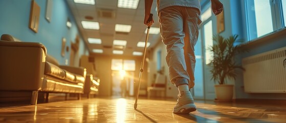Nurse assisting an elderly man walking with crutches in the room, wide-angle shot, close-up.