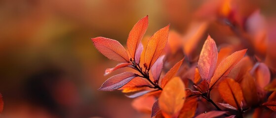  A tight shot of an orchestra-red and scarlet-hued plant in the foreground, against a softly blurred background