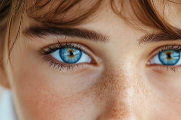 Fototapeta premium Close-up of youthful eyes showcasing blue irises and freckles.