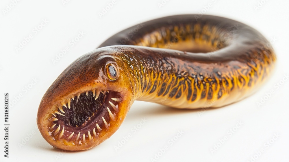 Poster detailed image focuses on a lamprey highlighting its distinctive shape elongated body and sharp teet
