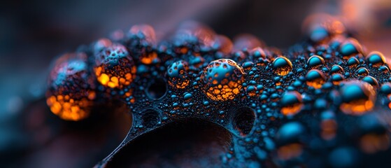  A tight shot of water beads on a plant's leafy surface, illuminated by a golden light behind