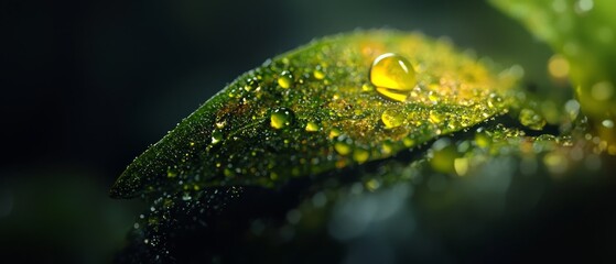  A close-up of a green leaf, dotted with water drops, as dew clings to its surface