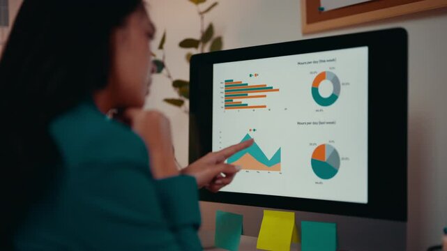 Businesswoman in a teal jacket is reviewing and analyzing financial data displayed on her computer screen. The charts and graphs suggest a challenging economic situation