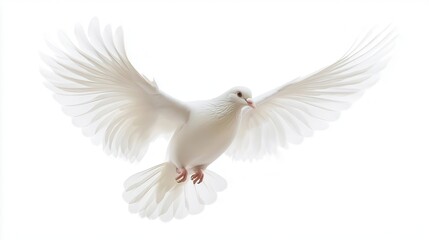 Fototapeta premium graceful white dove soaring freely against a pristine white backdrop, evoking a sense of peace and serenity. the bird's wings are outstretched, capturing the essence of freedom and purity in motion