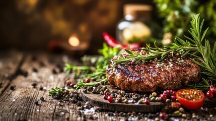 grilled ribeye steak glistening with rosemary and cracked pepper, placed on a rustic wooden table, surrounded by vibrant herbs and spices, evoking warmth and richness