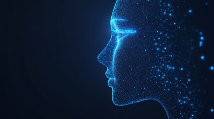 Obraz premium A breathtaking digital illustration of a human face, beautifully illuminated by vibrant neon light particles all around