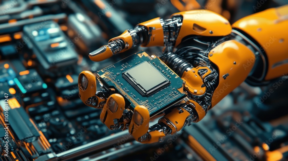 Poster robot hand arm holds a cutting-edge technology processor chip cyber background wallpaper ai generate