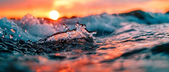 Fototapeta premium A tight shot of a wave crashing in the ocean, sun setting in the background