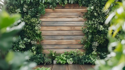 Clean natural backdrop with lush greenery warm wooden textures and beautiful botanical elements creating a serene and eco conscious setting perfect for modern events and gatherings