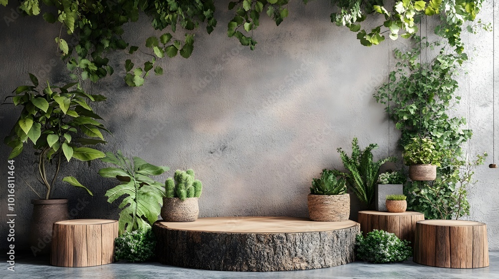 Aufkleber rustic wooden podium adorned with lush greenery earthy textures and natural elements creating a visu