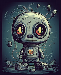 Funny cartoon children's robot cyborg on a dark background.