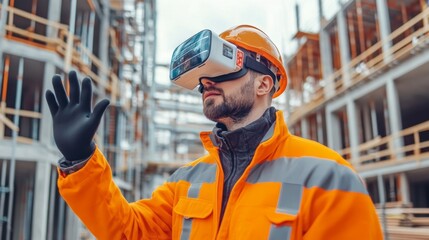 Futuristic Architectural Engineer Wearing Augmented Reality Headset and Using Gestures to Control Commercial Building Construction Site