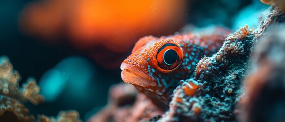  A tight shot of an orange-and-black fish hovering over coral Background features blue and orange corals