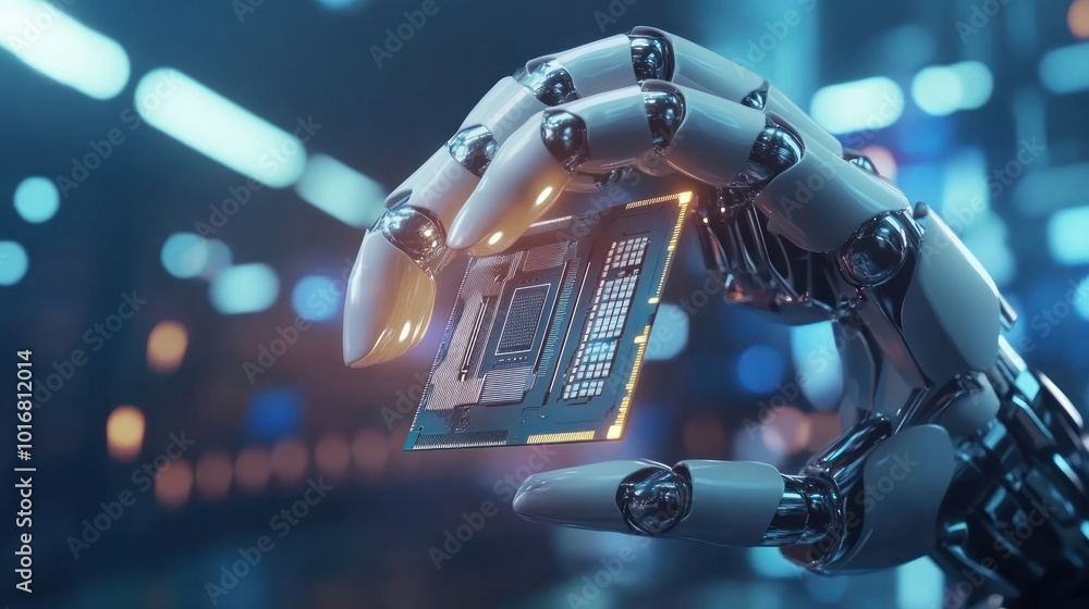 Aufkleber robot hand arm holds a cutting-edge technology processor chip cyber background wallpaper ai generate