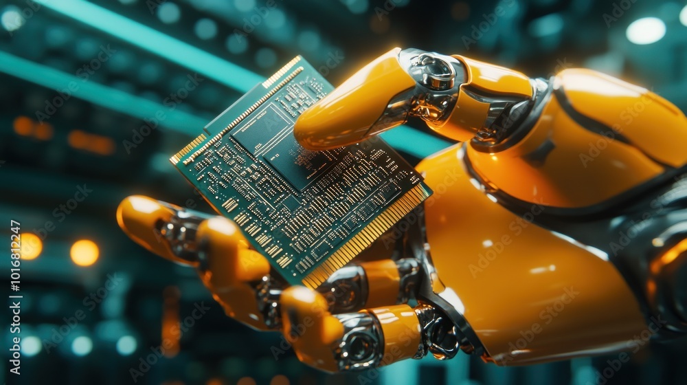 Aufkleber robot hand arm holds a cutting-edge technology processor chip cyber background wallpaper ai generate