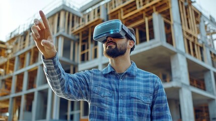 Futuristic Architectural Engineer Wearing Augmented Reality Headset and Using Gestures to Control Commercial Building Construction Site