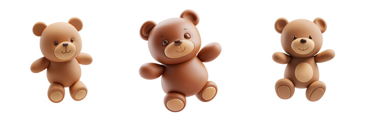 PNG 3d icons and object Cute teddy bears in playful pose, showcasing their soft, rounded features and warm brown tones. Perfect for childrens decor or toy collections