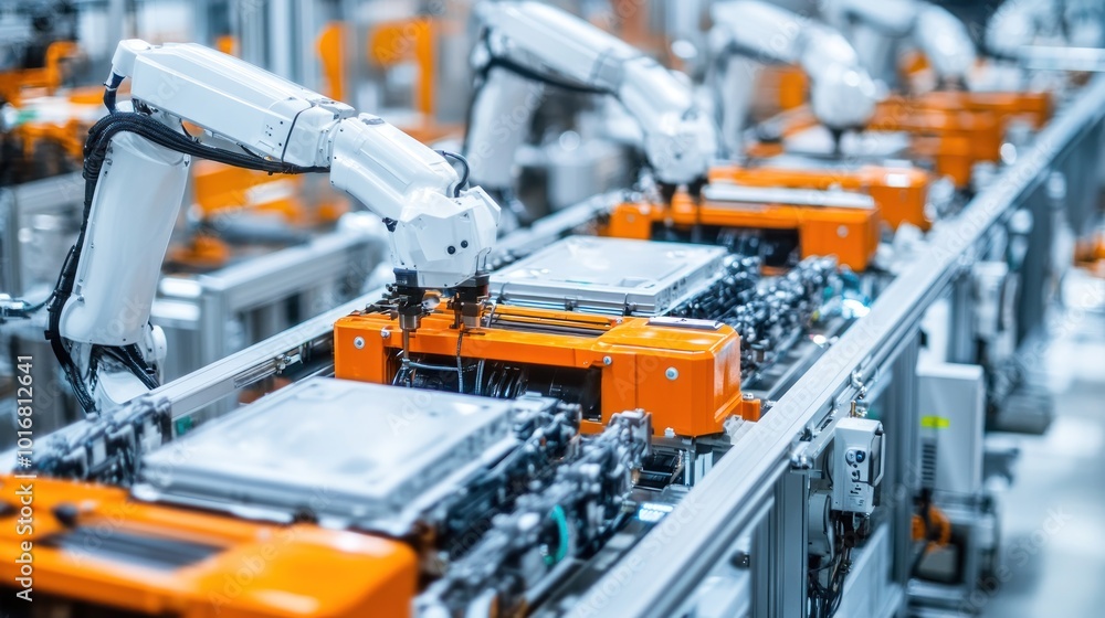 Aufkleber advanced factory with robotic hands assembling vehicle battery production machines background wallpa
