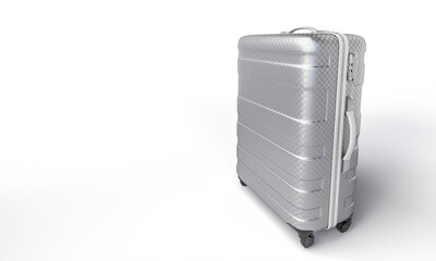 Modern silver suitcase standing on white background