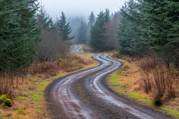 Fototapeta premium Gravel road is winding through a lush green forest and disappearing into the fog