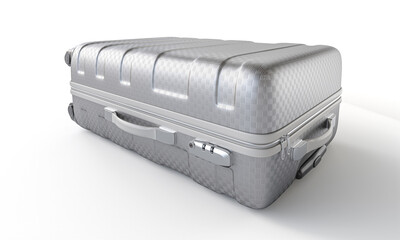 Silver suitcase is laying down on a white surface, ready for a trip