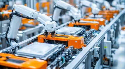 Advanced factory with robotic hands assembling vehicle battery production machines background wallpaper AI generated image