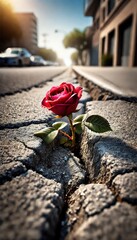 Single red rose growing through cracked urban sidewalk, symbolizing resilience and beauty, close-up vertical shot with blurred cityscape in the background, vibrant bloom against harsh concrete
