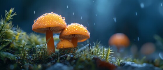  A cluster of orange mushrooms atop a verdant forest, dotted with raindrops during a rainy day