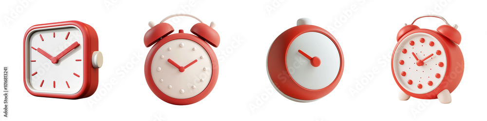 Poster png 3d icons and object stylish red clocks in various designs showcase modern timepieces with playfu