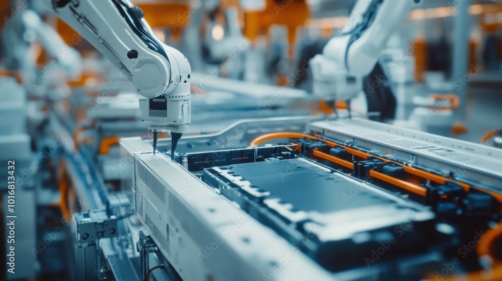 Aufkleber advanced factory with robotic hands assembling vehicle battery production machines background wallpa