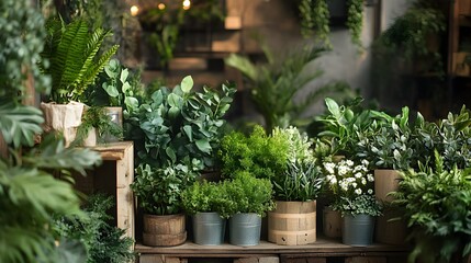 Fototapeta premium A lush natural backdrop featuring a variety of potted greenery botanical elements and warm wooden textures creating a clean sustainable and visually appealing display for indoor settings such as home