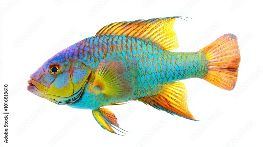 Poster striking parrotfish displays its vivid colors and intricate patterns while swimming in a clear envir